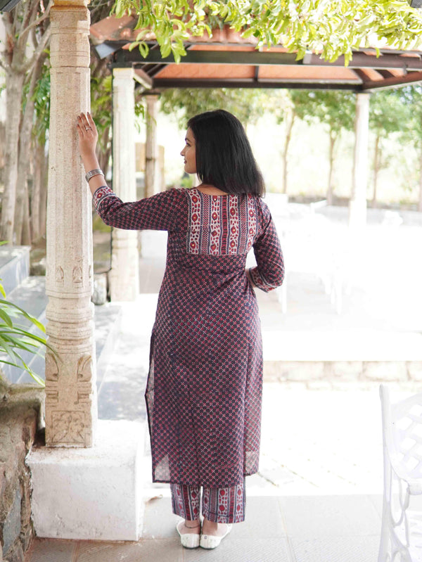 Ajrakh star Soft Mul Cotton Cord Set- Navy Blue