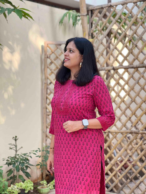 Bagh Block Print Floral Kurta - Magenta