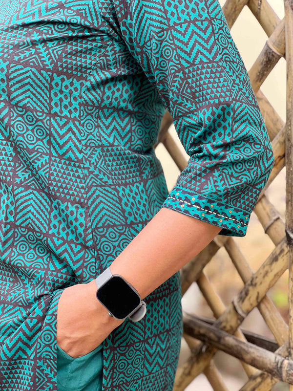 Bagh Block PrintKurta -Pine Green Square