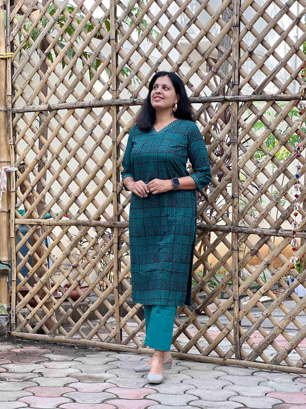 Bagh Block PrintKurta -Pine Green Square