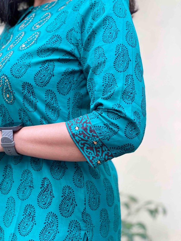 Bagh Block PrintKurta - Pine Green Paisley
