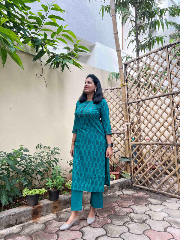 Bagh Block PrintKurta - Pine Green Paisley