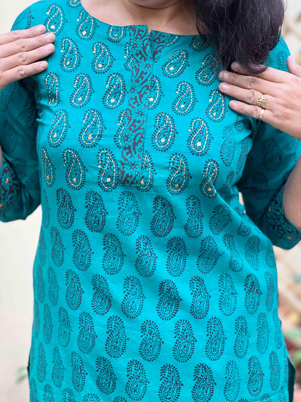 Bagh Block PrintKurta - Pine Green Paisley