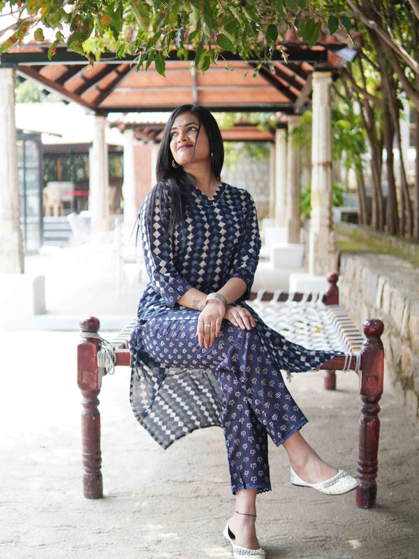 Ajrakh Diamond Soft Mul Cotton Cord Set - Black & Blue