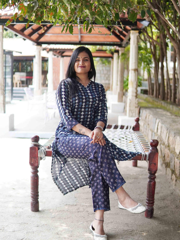 Ajrakh Diamond Soft Mul Cotton Cord Set - Black & Blue