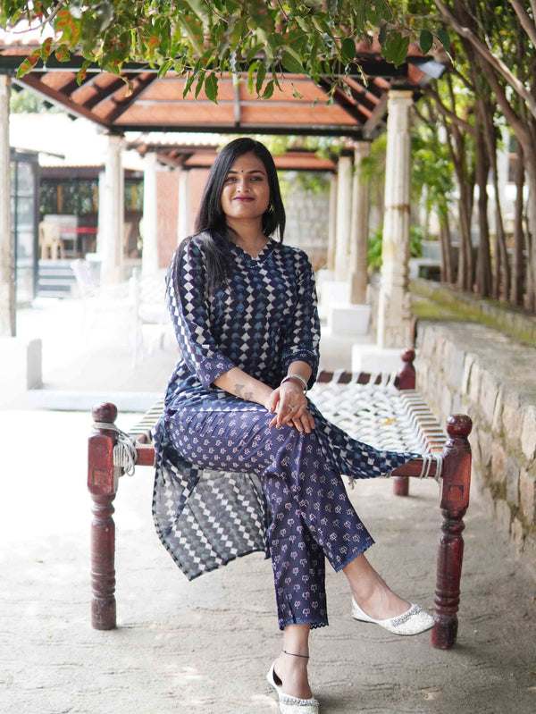 Ajrakh Block Print Mul Cotton Kurta - Black