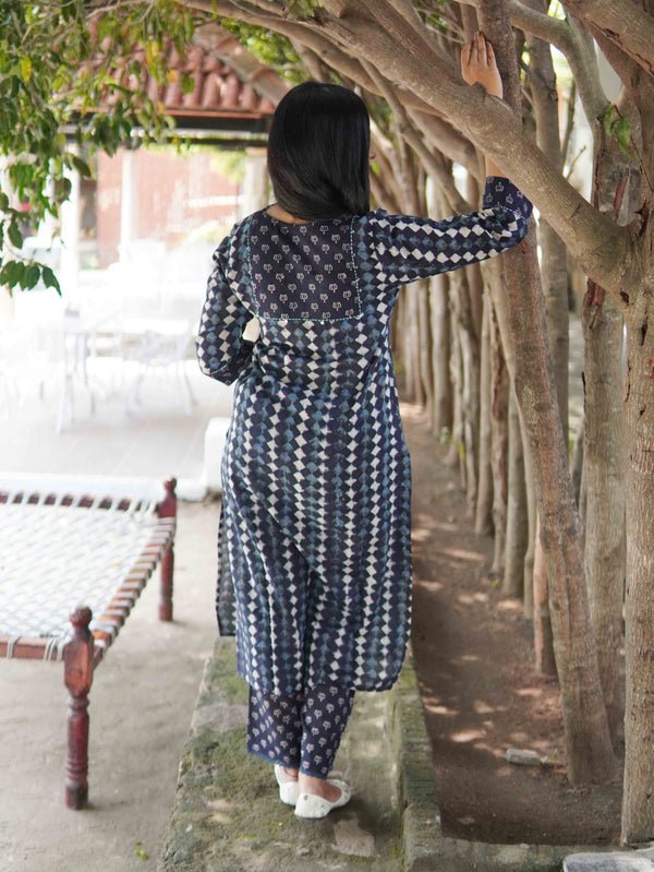 Ajrakh Diamond Soft Mul Cotton Cord Set - Black & Blue