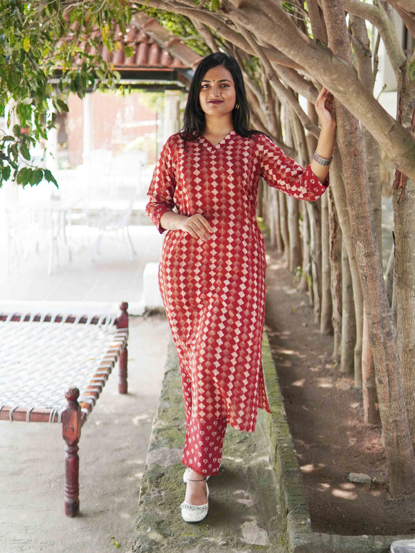 Ajrakh Diamond Soft Mul Cotton Cord Set - Red