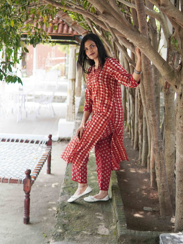 Ajrakh Diamond Soft Mul Cotton Cord Set - Red