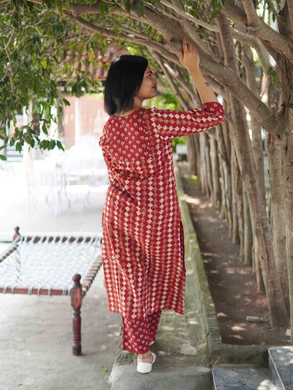 Ajrakh Diamond Soft Mul Cotton Cord Set - Red