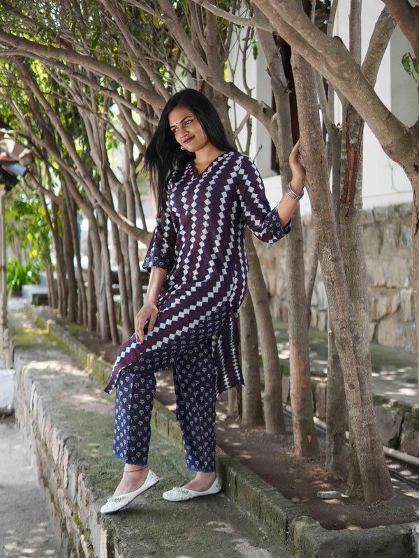 Ajrakh Diamond Soft Mul Cotton Cord Set - Black & Red