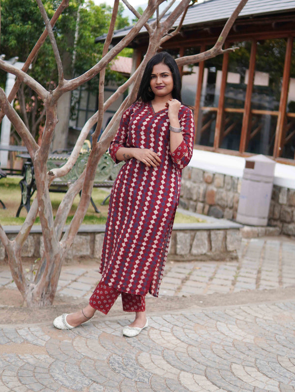 Ajrakh Diamond Soft Mul Cotton Cord Set - Maroon & Blue