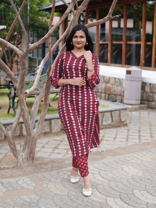 Ajrakh Diamond Soft Mul Cotton Cord Set - Maroon & Blue