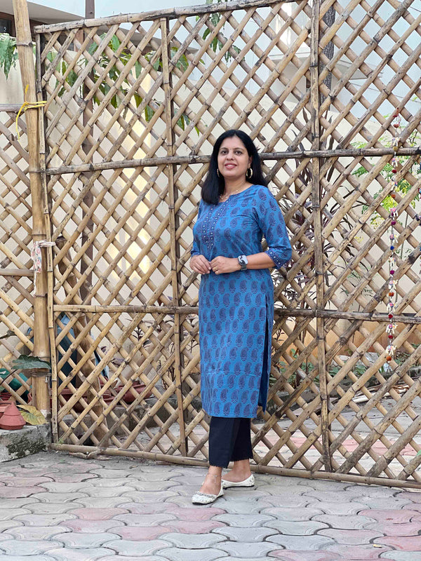 Azure Blue Floral Bagh Hand Block Print Cotton Straight-Fit Kurta for women