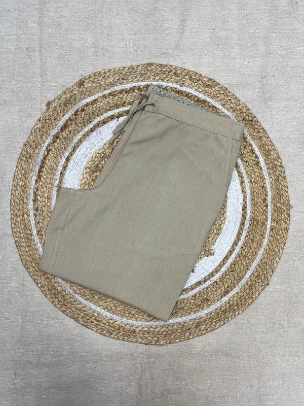 Beige slub cotton plain straight-fit elasticated pant for women