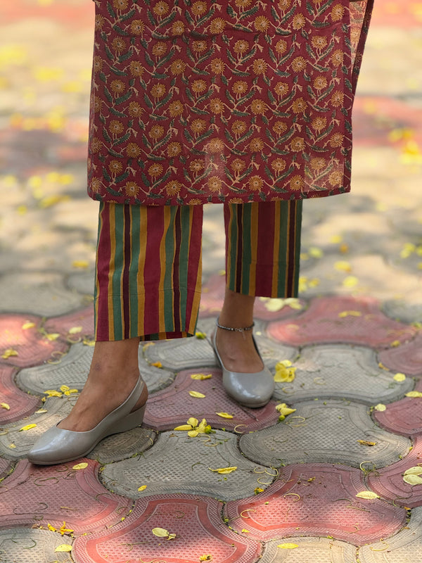 Sanganeri Print Cotton Cord Set ( 2 Piece ) -Burgundy