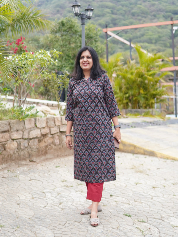 Ajrakh Block Print Small Lotus Cotton Kurta -Black