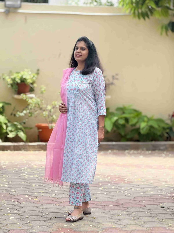 Mughal Hand Block Print( 2 Piece ) - Sea Green