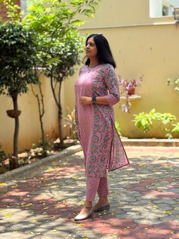 Sanganeri Print Cotton Cord Set ( 2 Piece ) -Mauve pink