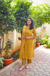 Mustard Sanganeri dotted hand block print two-piece cotton co-ord set for women