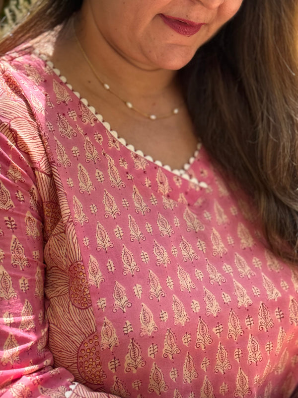 Sanganeri Print Cotton Cord Set ( 2 Piece ) -Peach Pink