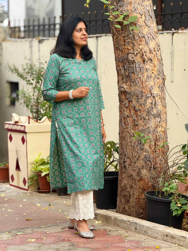 Sanganeri Print Kurta ( One Piece ) - Green