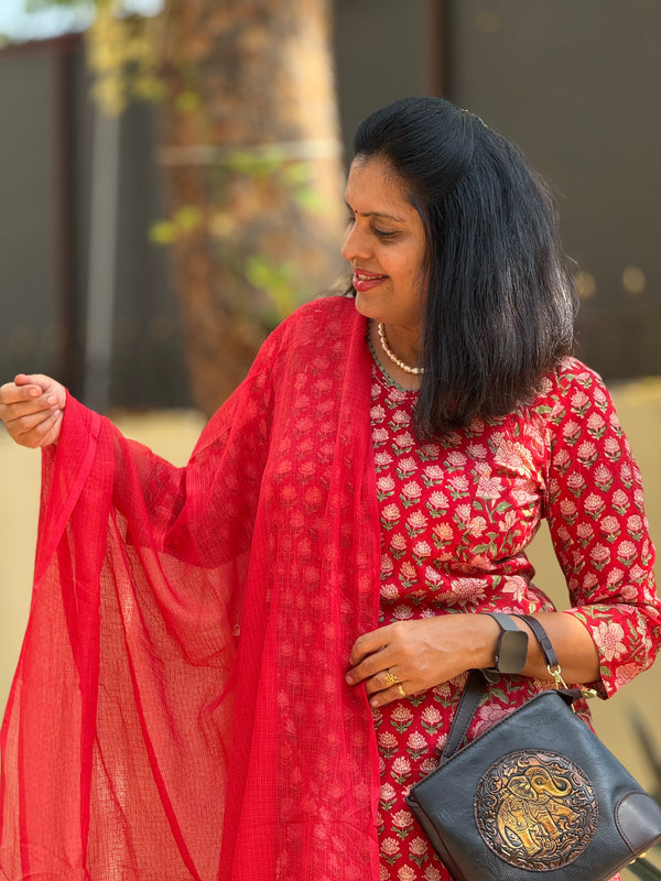 Sanganeri Print Cotton Cord Set ( 2 Piece ) -Classic Red