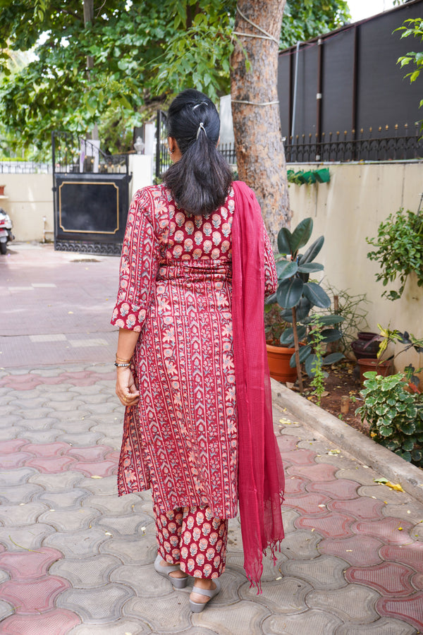 Sanganeri Hand Block Print ( 2 Piece ) - Red