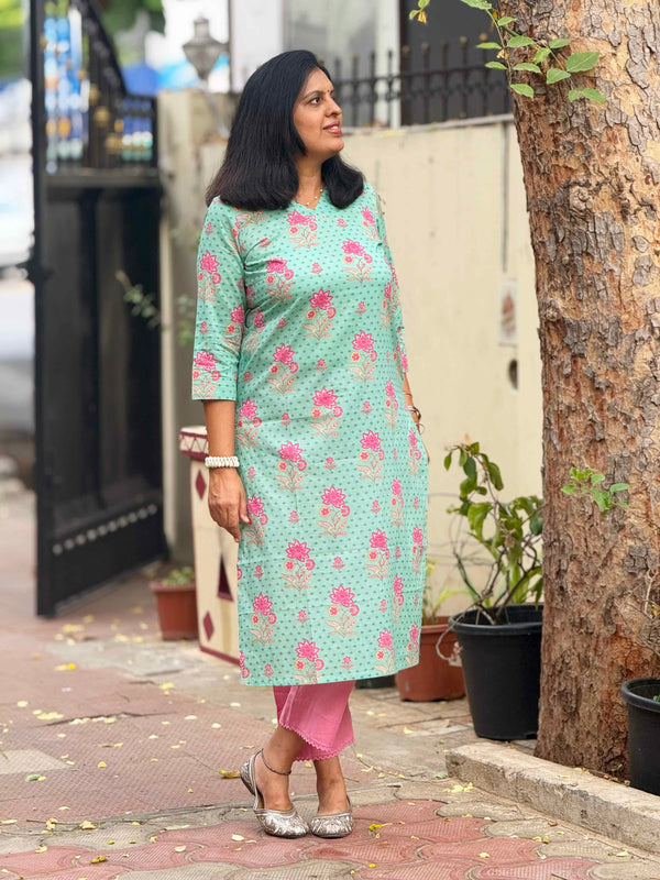 Cotton Kurta ( One Piece ) - Green Pink