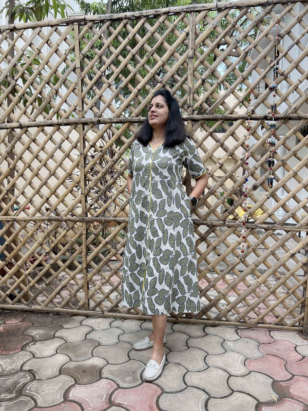 grey vine leaf dabu print cotton dress for women