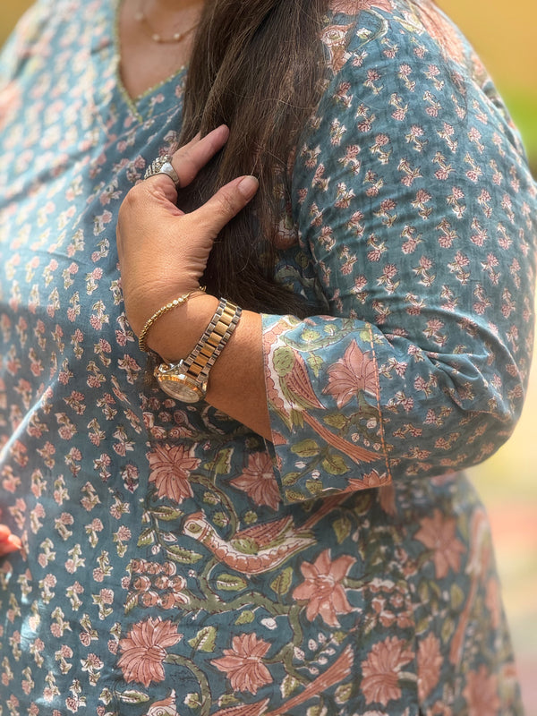 Sanganeri Print Cotton Cord Set ( 2 Piece ) -Teal Blue
