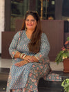 Sanganeri Print Cotton Cord Set ( 2 Piece ) -Teal Blue