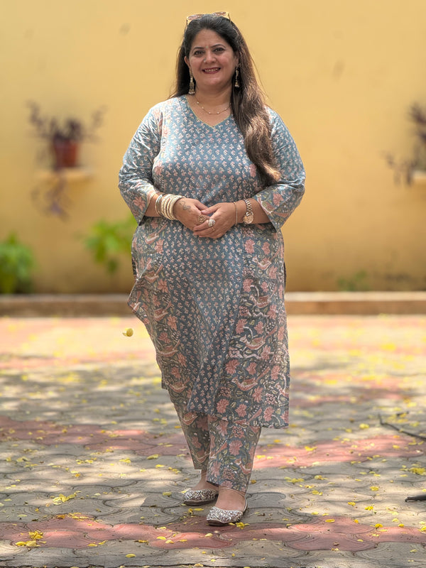 Sanganeri Print Cotton Cord Set ( 2 Piece ) -Teal Blue