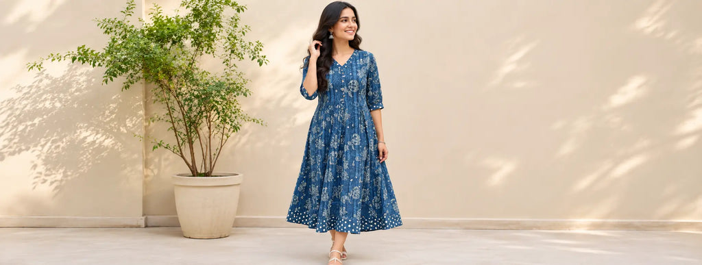Indian woman wearing a blue floral block print dress in a lifestyle model shoot