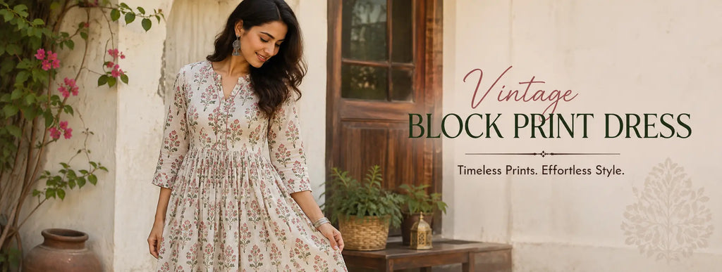 Woman wearing a vintage block print dress in a rustic courtyard