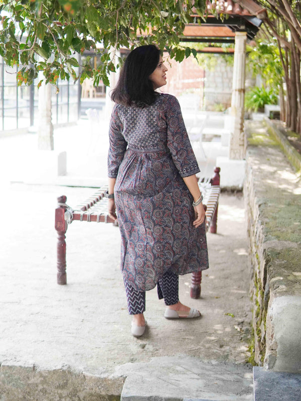 Ajrakh Floral Soft Mul Cotton Cord Set- Matte Black