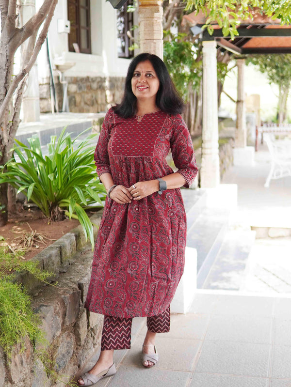 Ajrakh Floral Soft Mul Cotton Cord Set- Maroon