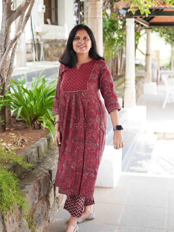 Ajrakh Floral Soft Mul Cotton Cord Set- Maroon