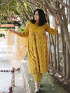 Ajrakh Floral Soft Mul Cotton Cord Set - Mustard
