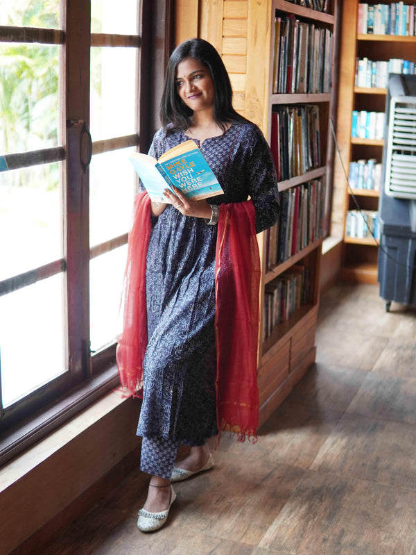 Ajrakh Lotus Soft Mul Cotton Cord Set - Black