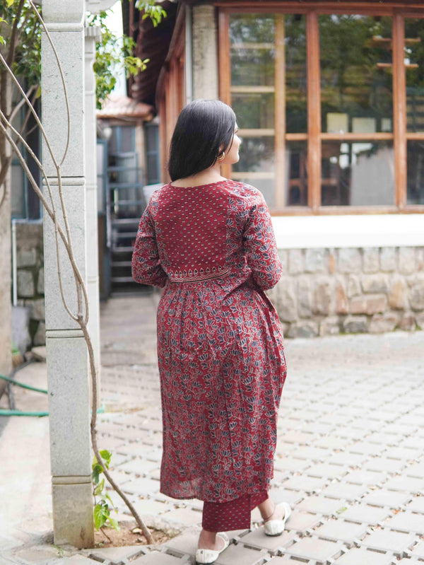 Ajrakh Lotus Soft Mul Cotton Cord Set - Maroon