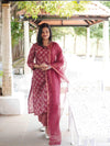 Ajrakh Lotus Soft Mul Cotton Angrakhaa Neck Cord Set - Red