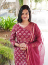 Ajrakh Lotus Soft Mul Cotton Angrakhaa Neck Cord Set - Red