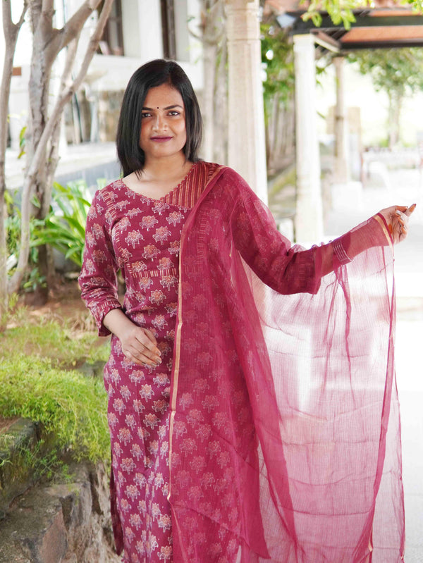 Ajrakh Lotus Soft Mul Cotton Angrakhaa Neck Cord Set - Red