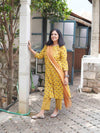 Ajrakh Lotus Soft Mul Cotton Angrakhaa Neck Cord Set - Mustard