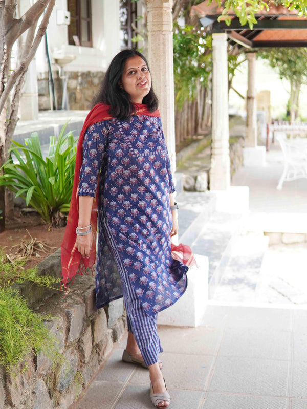 Ajrakh Lotus Soft Mul Cotton Angrakhaa Neck Cord Set - Navy Blue