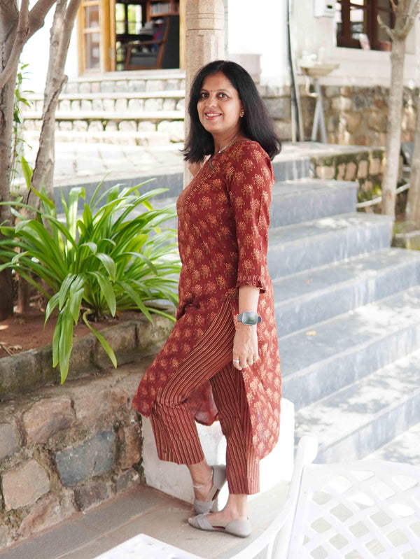 Ajrakh Lotus Soft Mul Cotton Angrakhaa Neck Cord Set - Brown