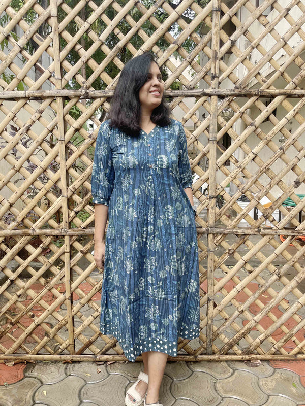 Indigo Blue Floral Vine Dabu Print Cotton Dress for women