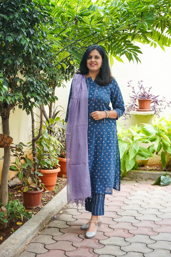 Blue Sanganeri butti hand block print two-piece cotton co-ord set for women