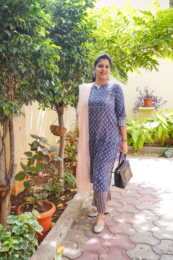Blue Sanganeri patterned hand block print two-piece cotton co-ord set for women
